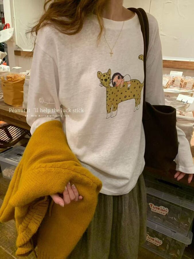 Korean Hand Drawn Leopard Print Long Sleeve T-Shirt