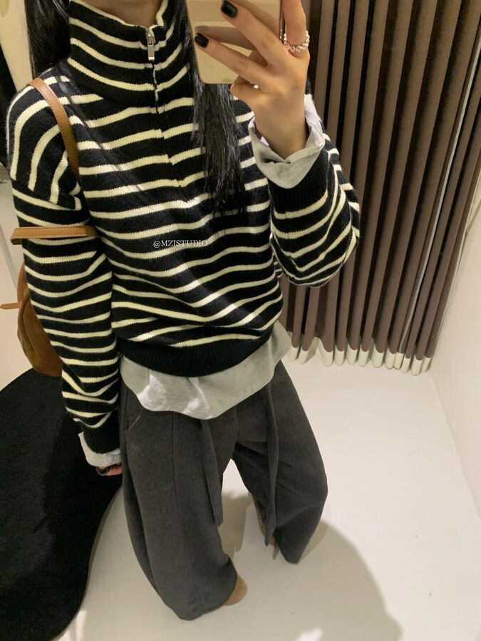 Striped Half Zip Turtleneck Sweater