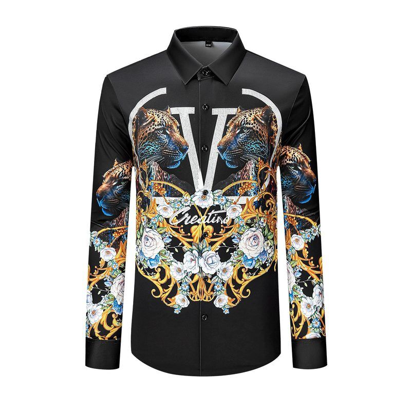 3D Digital Print Leopard Rhinestone Long Sleeve Shirt view 3