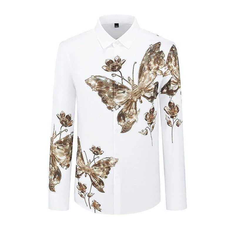 Butterfly Rhinestone Print Slim Long Sleeve Shirt view 3