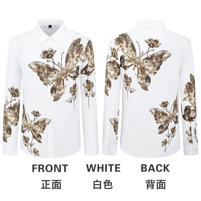 Butterfly Rhinestone Print Slim Long Sleeve Shirt view 5