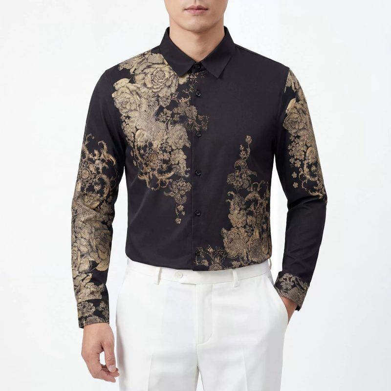 Slim Langarm-Hemd mit Gold-Blumen-Rhinestone-Print view 2