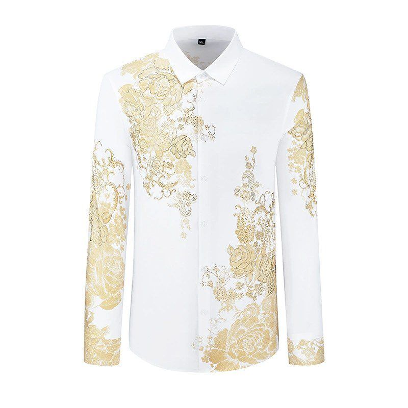 Slim Langarm-Hemd mit Gold-Blumen-Rhinestone-Print view 3