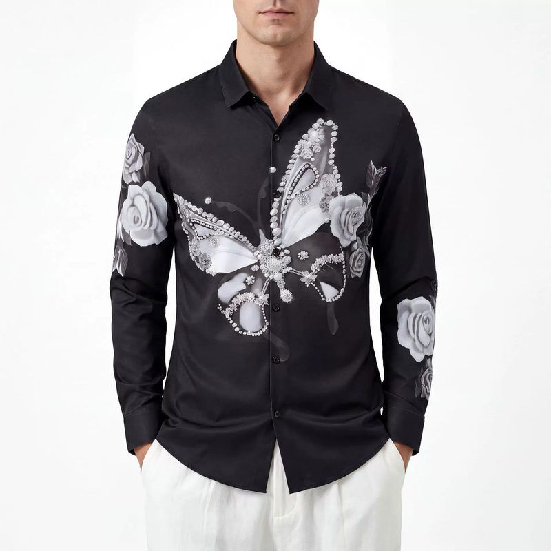 Butterfly Digital Print Rhinestone Long Sleeve Shirt view 2