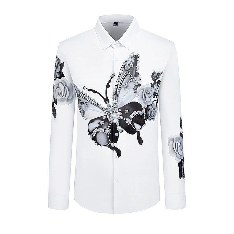 Butterfly Digital Print Rhinestone Long Sleeve Shirt view 3