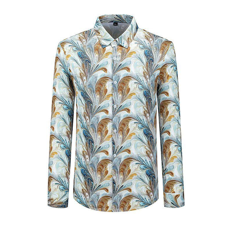 Gold Floral Rhinestone Print Slim Long Sleeve Shirt view 2