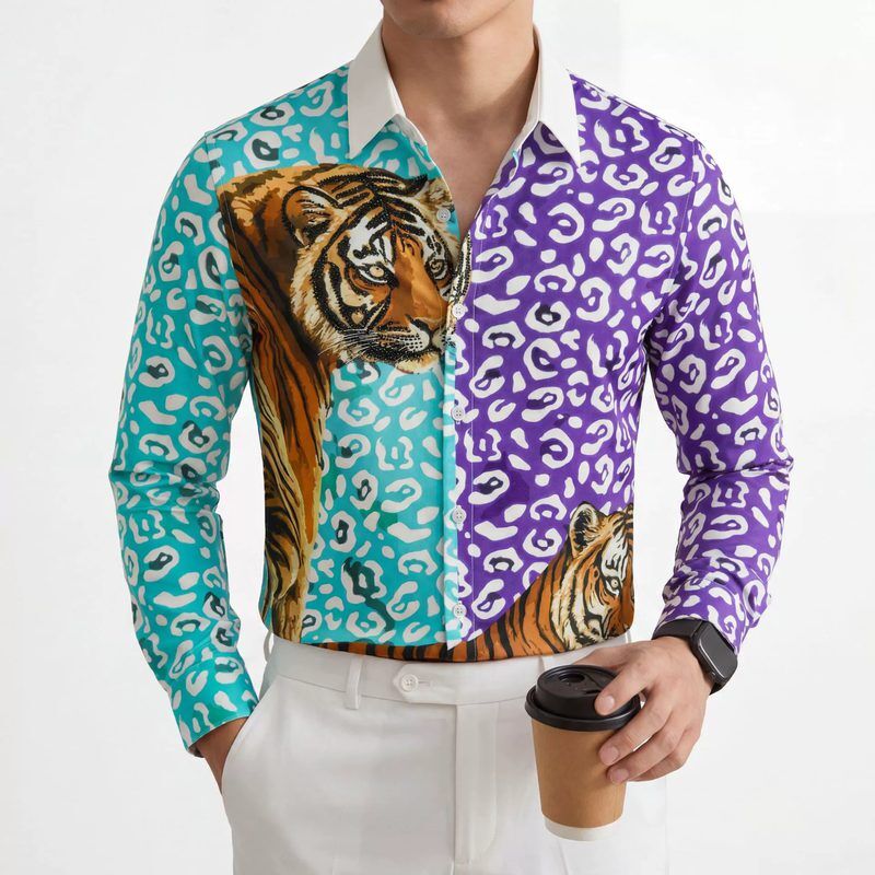 Tiger Print Rhinestone Slim Long Sleeve Shirt view 2