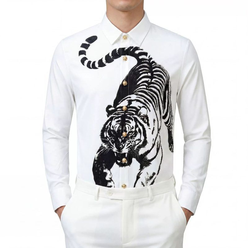 Ink Wash Tiger Digital Rhinestone Long Sleeve Shirt — Tiger Print Shirts shirt manufacturer China Man & Shirt