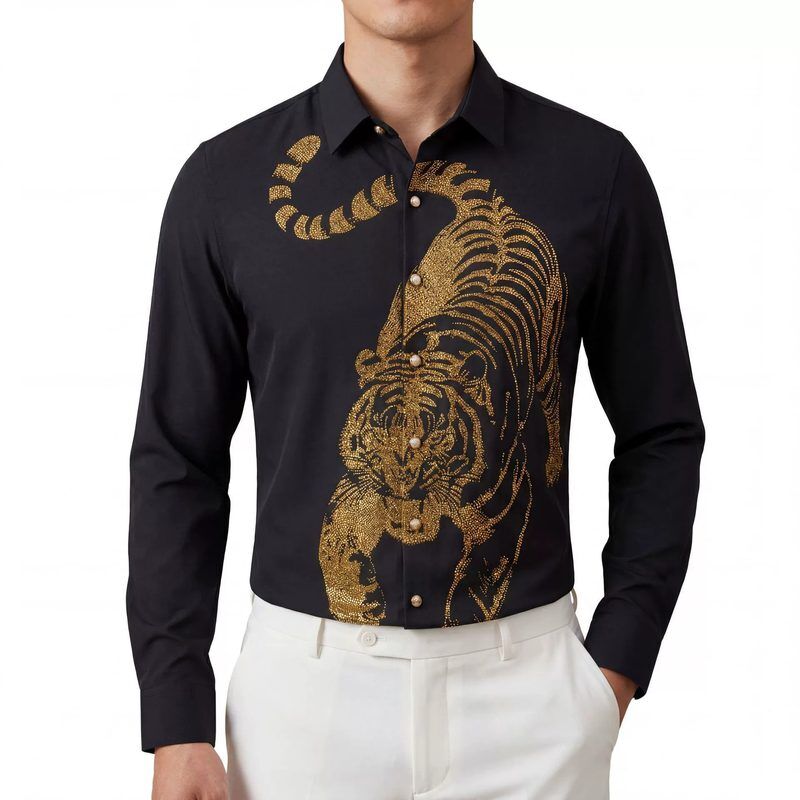 Ink Wash Tiger Digital Rhinestone Long Sleeve Shirt view 2