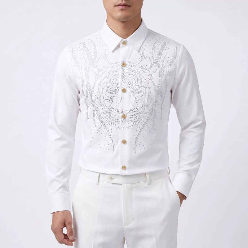 Starry Tiger Head Rhinestone Long Sleeve Shirt — Tiger Print Shirts shirt manufacturer China Man & Shirt