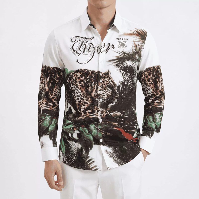 Premium Leopard Rhinestone Digital Print Long Sleeve Shirt — Leopard Print Shirts shirt manufacturer China Man & Shirt