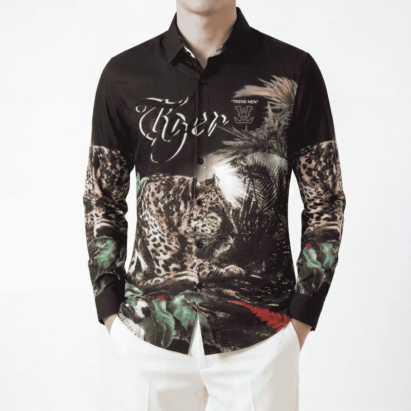 Premium Leopard Rhinestone Digital Print Long Sleeve Shirt view 2