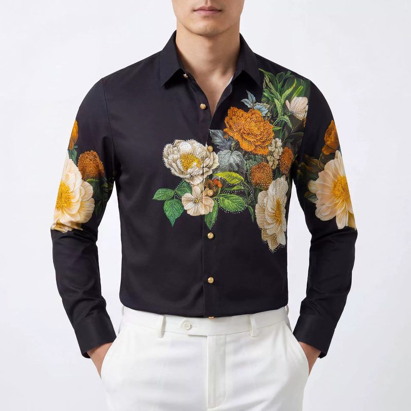 Camisa de Manga Larga Premium de Estampado Digital de Peonía con Cristales view 2