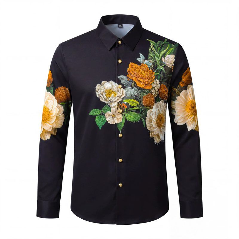 Camisa de Manga Larga Premium de Estampado Digital de Peonía con Cristales view 7