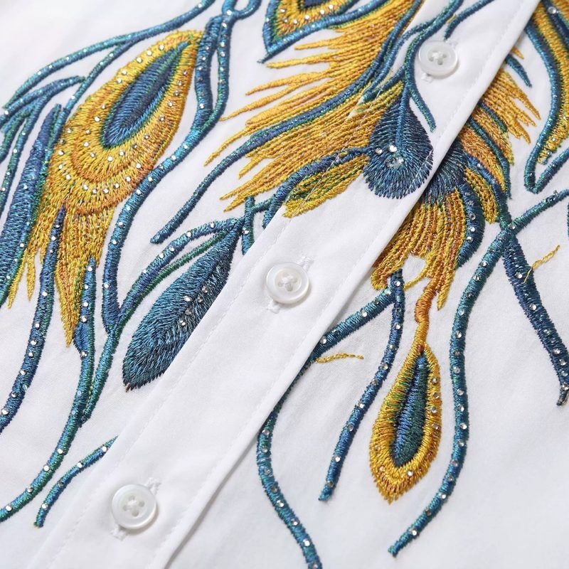 Premium Blau-Gold Pfauen-Rhinestone-Digitaldruck-Hemd view 4