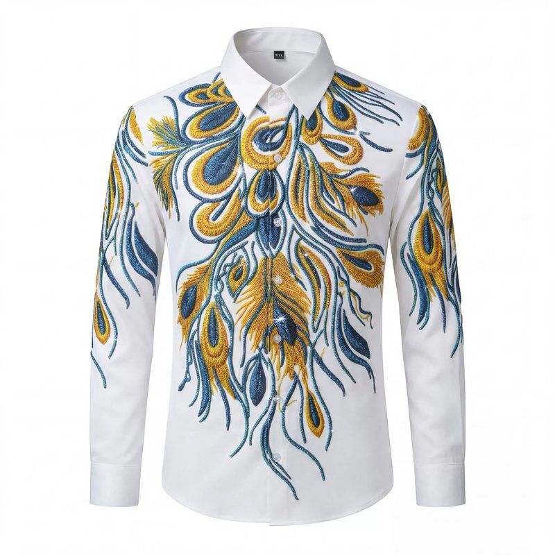 Premium Blau-Gold Pfauen-Rhinestone-Digitaldruck-Hemd view 6