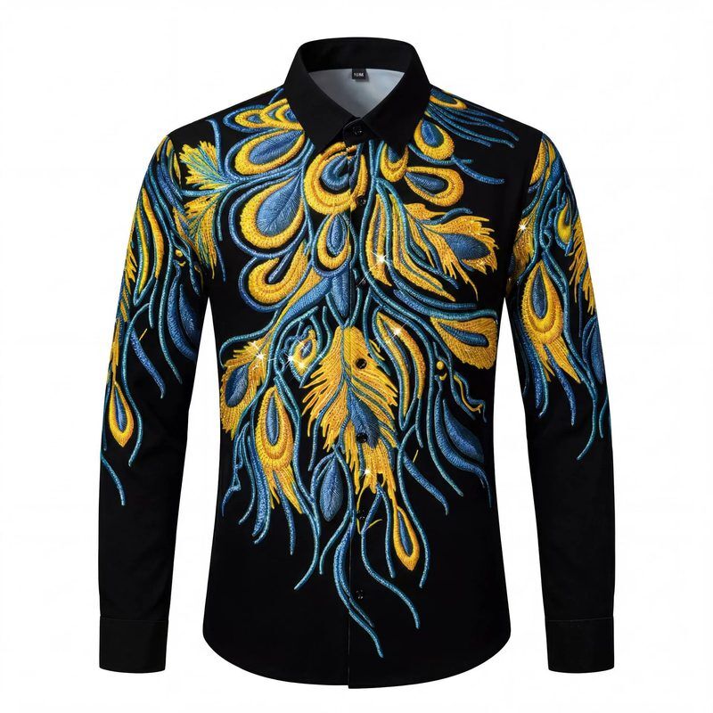 Premium Blau-Gold Pfauen-Rhinestone-Digitaldruck-Hemd view 7