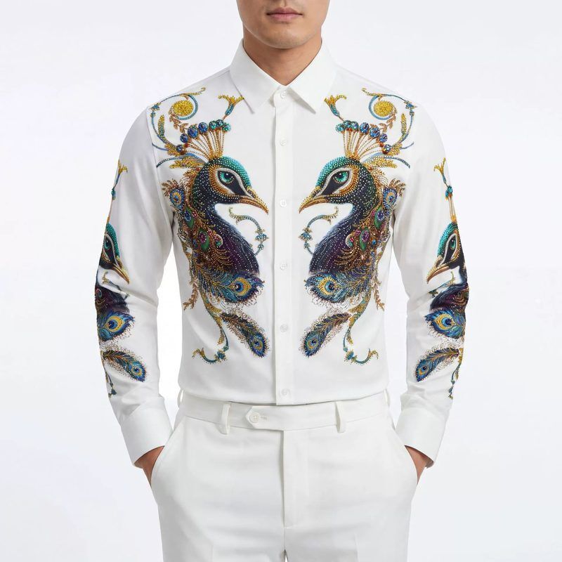 Premium Peacock Feather Rhinestone Digital Print Shirt — Peacock Print Shirts shirt manufacturer China Man & Shirt
