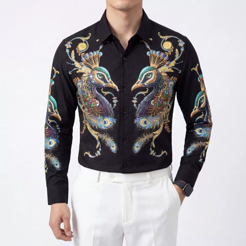 Camisa Premium de Estampado Digital de Pluma de Pavo Real con Cristales view 2