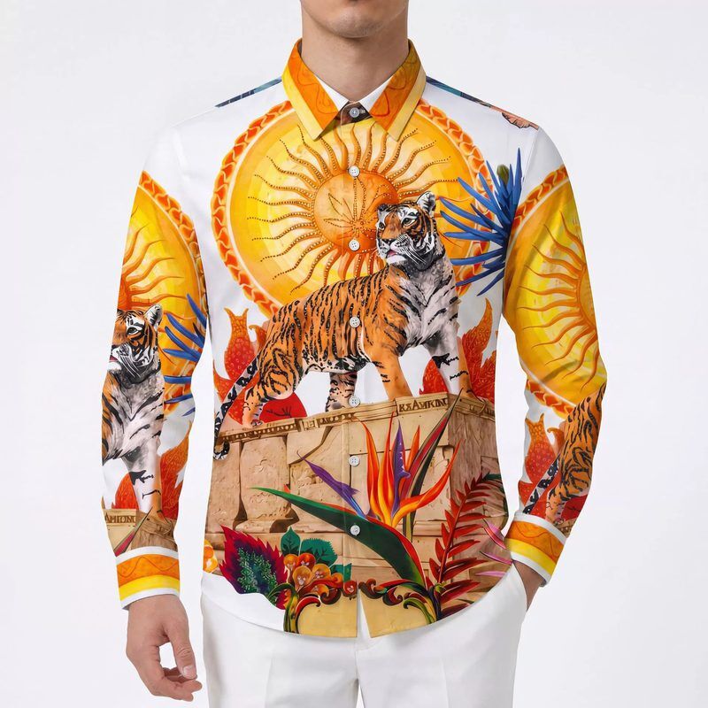 Premium Tiger Rhinestone Digital Print Long Sleeve Shirt — Tiger Print Shirts shirt manufacturer China Man & Shirt