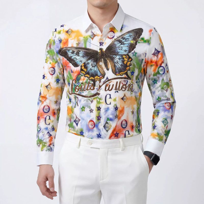 Premium Butterfly Rhinestone Digital Print Shirt — Butterfly Print Shirts shirt manufacturer China Man & Shirt