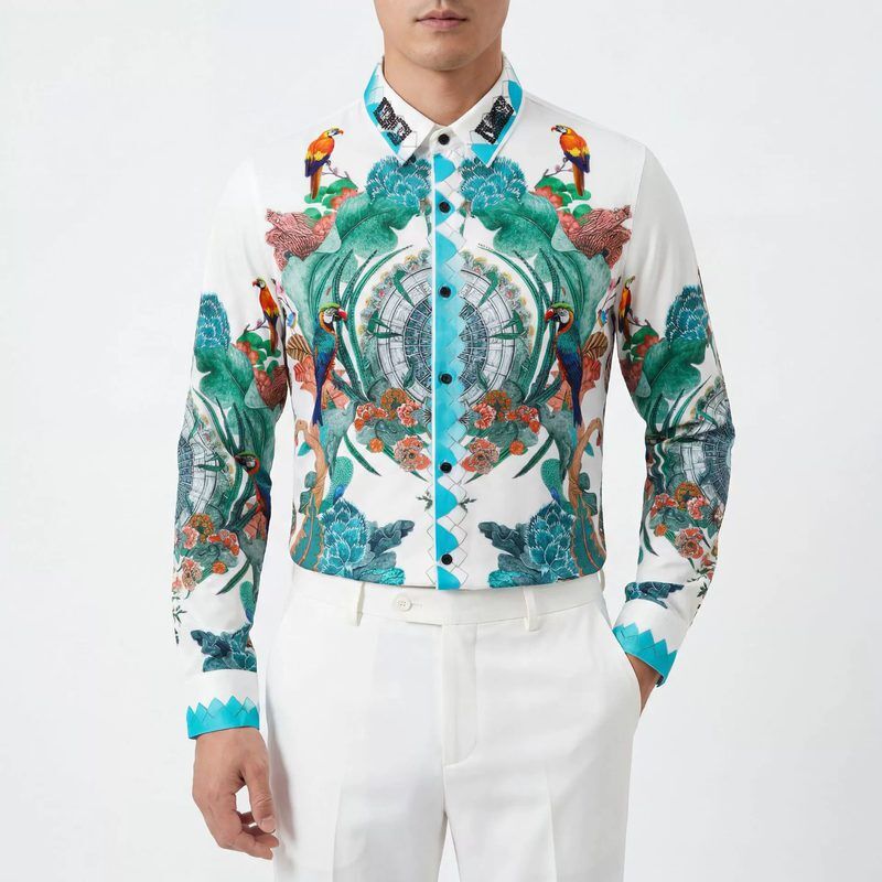 Chemise à manches longues imprimé digital oiseaux et fleurs avec strass premium view 2