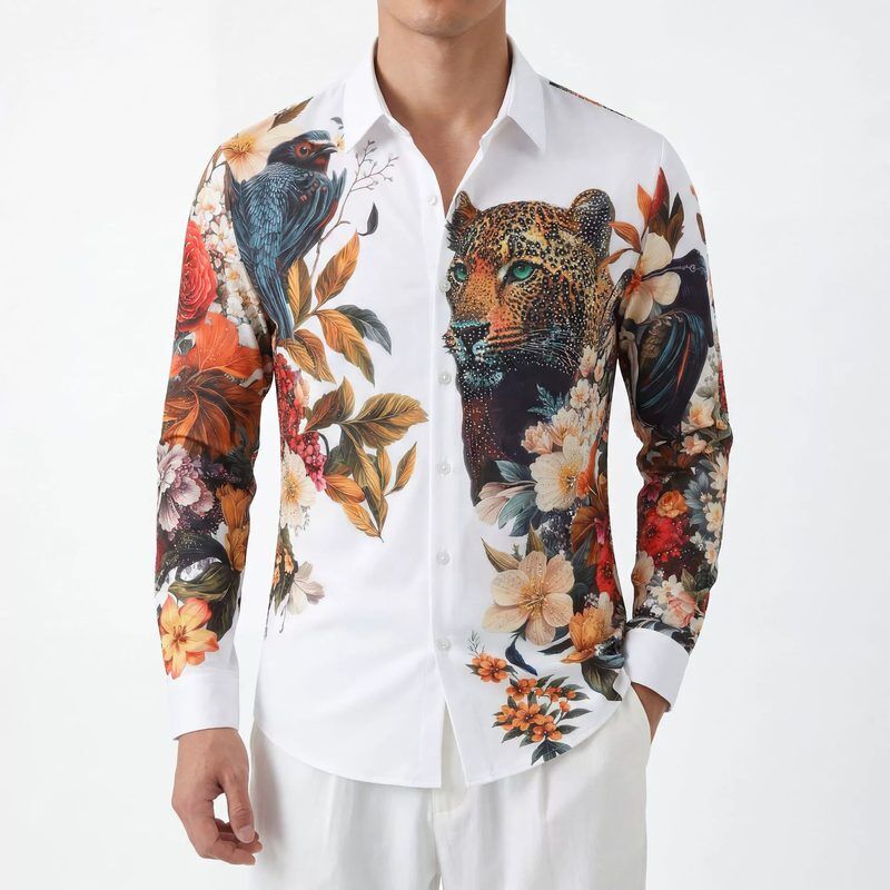 Premium Leopard Rhinestone Digital Print Long Sleeve Shirt — Leopard Print Shirts shirt manufacturer China Man & Shirt