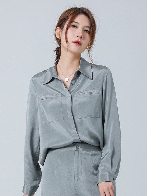 Silk Satin Long Sleeve Office Shirt Set view 2