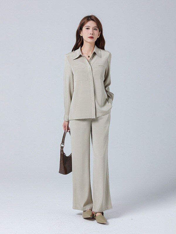 Silk Satin Long Sleeve Office Shirt Set view 4