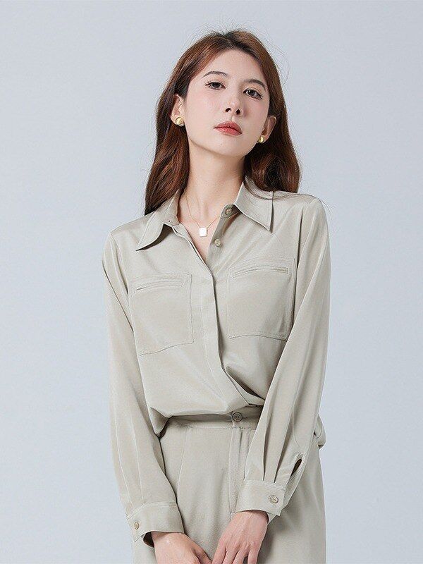 Silk Satin Long Sleeve Office Shirt Set view 5