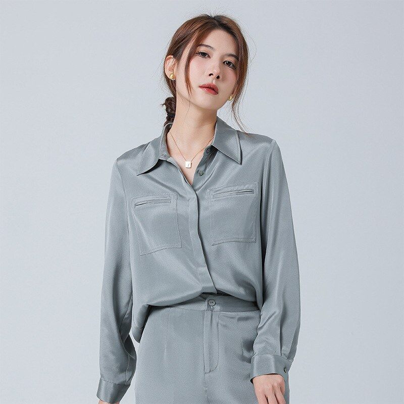 Silk Satin Long Sleeve Office Shirt Set view 6