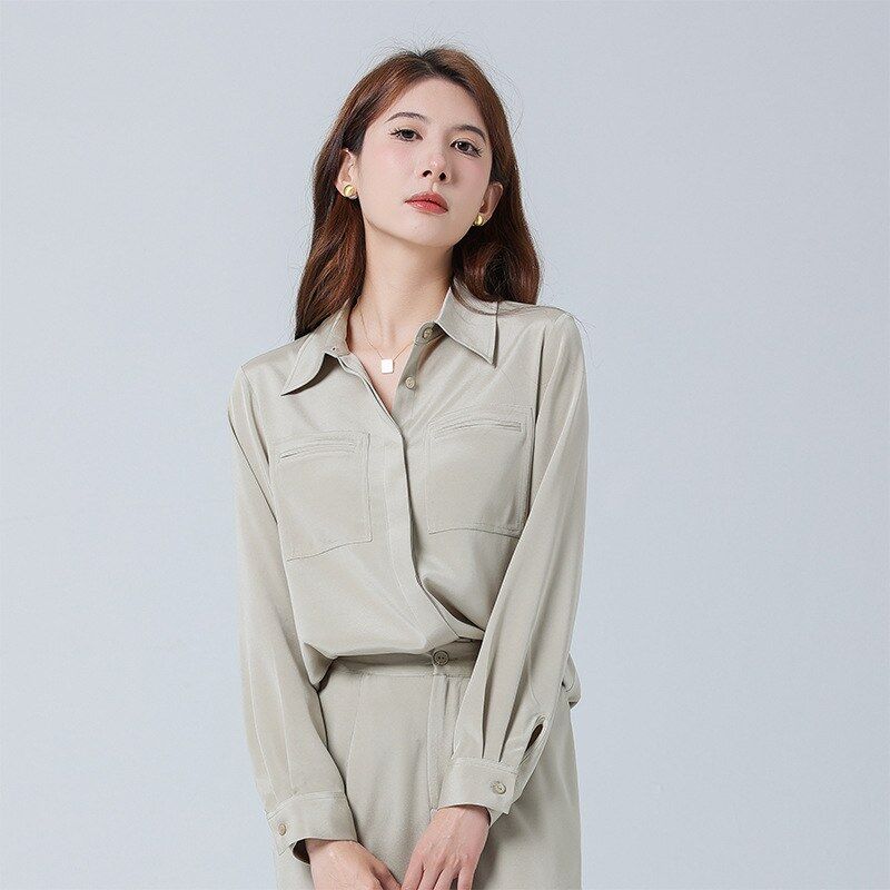 Silk Satin Long Sleeve Office Shirt Set view 7