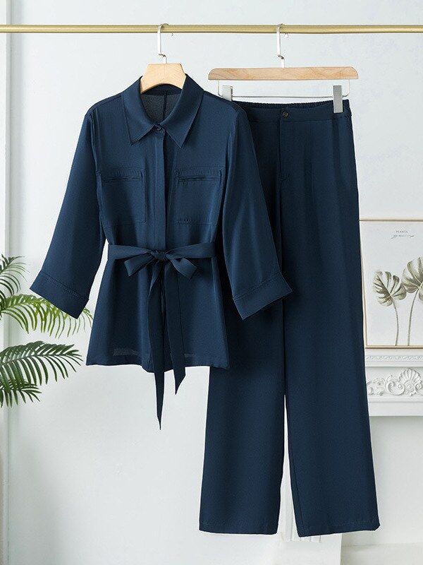 Silk Three-Quarter Sleeve Shirt and Pants Set view 4