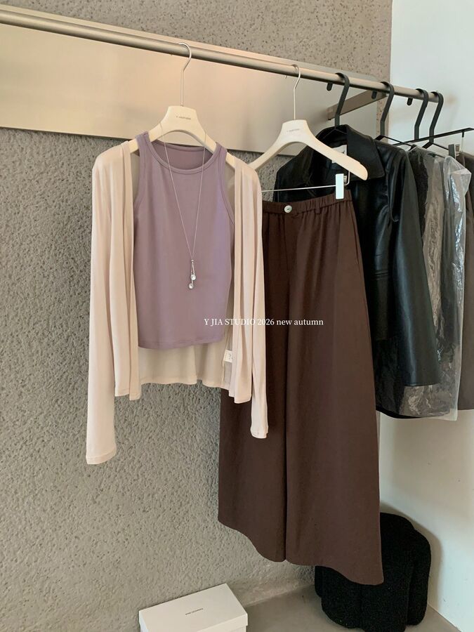 Korean V-Neck Cardigan Vest Wide-Leg Pants Set view 2