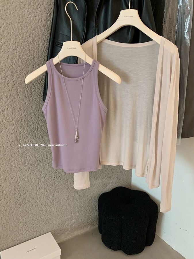 Korean V-Neck Cardigan Vest Wide-Leg Pants Set view 3