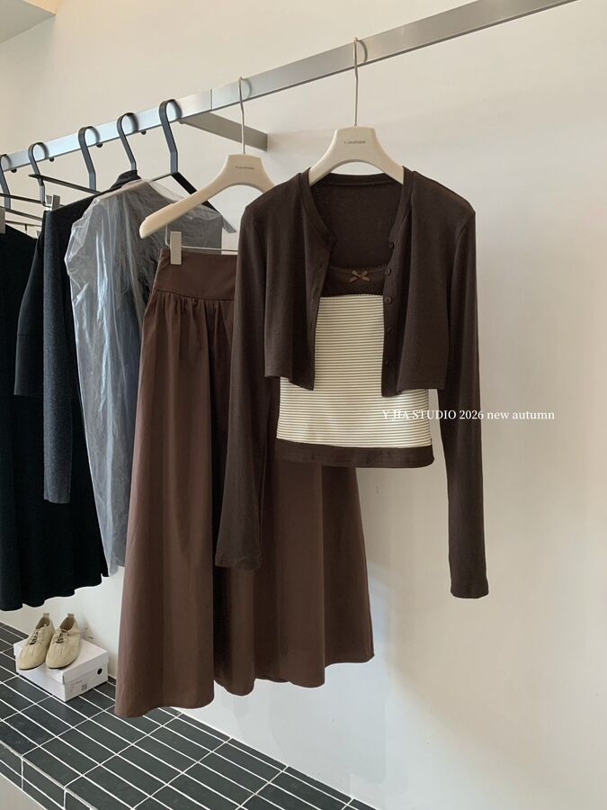 Vintage Cardigan Striped Cami A-Line Skirt Set view 4