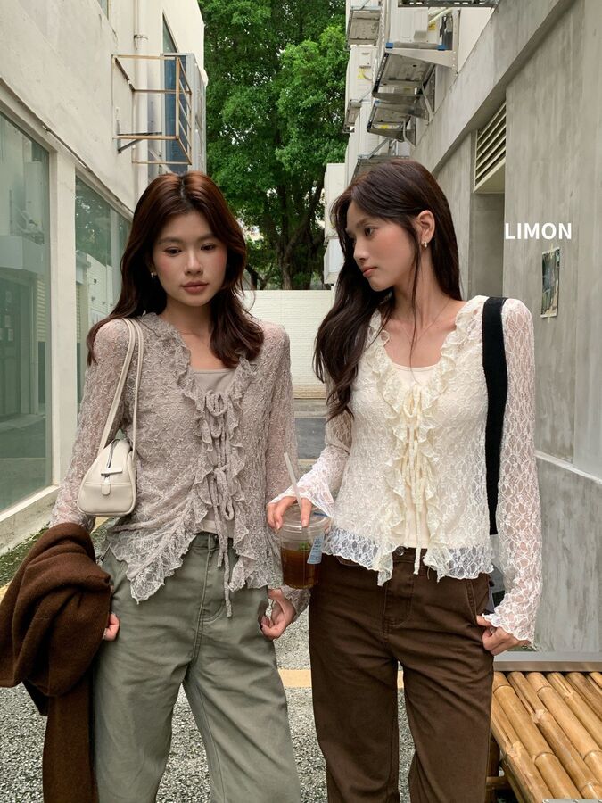 French lace cardigan cami set in apricot, khaki green, and olive green